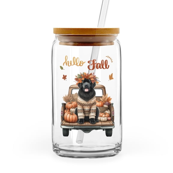 Hello Fall Autumn Newfoundland Pumpkins Pickup Truck 16oz Glass Cup Mug Newfie Dog Lover Gifts Glass Can with Bamboo Lid and Straw - 13011