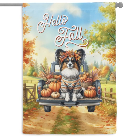 Hello Fall Autumn Papillon Pumpkins Pickup Truck House Flag 28x40in Double Sided Pap Butterfly Dog Lover Outdoor Decor - 13011