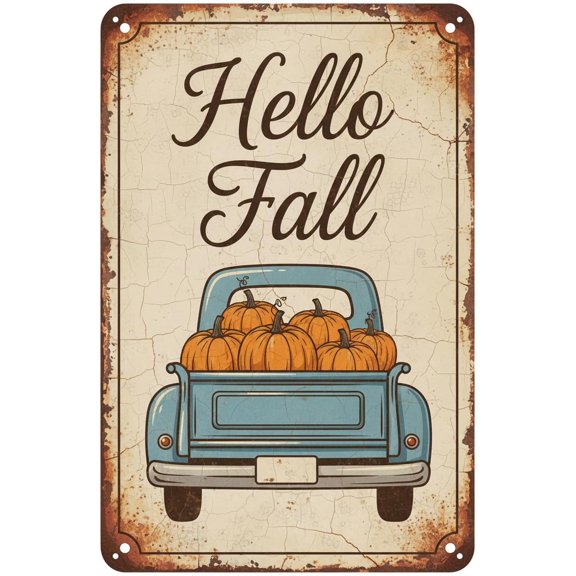 Hello Fall Autumn Pumpkins Rustic Metal Tin Sign Vintage Farmhouse Wall Art Retro Home Decor Tin Plaque 8x12 inch