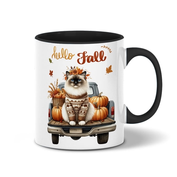 Hello Fall Autumn Ragdoll Pumpkins Pickup Truck 11oz Accent Two-tone Mug Cat Lover Kitten Owner Gifts Idea Coffee Tea Cup - 13011