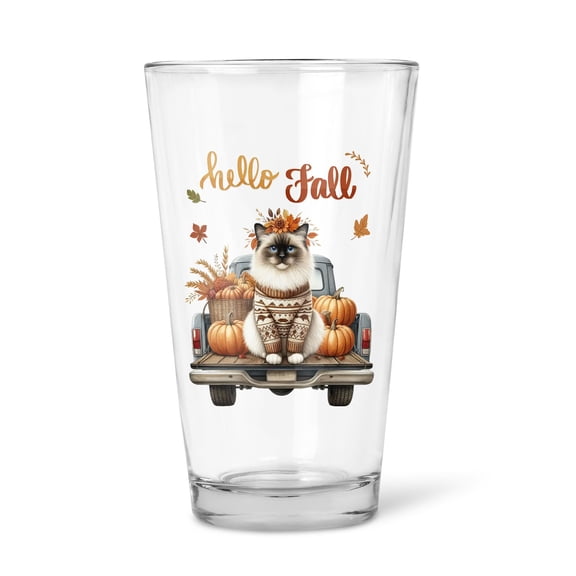Hello Fall Autumn Ragdoll Pumpkins Pickup Truck 16oz Pint Beer Glass Mug Cat Lover Kitten Owner Gifts Idea Beer Glasses Cup - 13011
