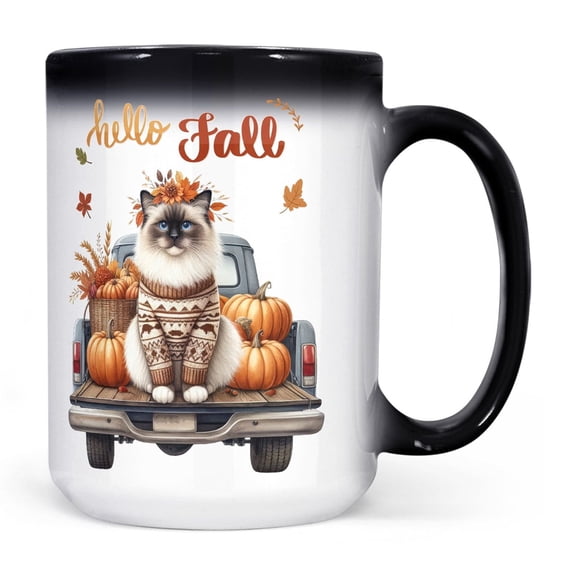 Hello Fall Autumn Ragdoll Pumpkins Pickup Truck Heat Color Changing Mug Cat Lover Kitten Owner Gifts Idea Magic Coffee Mug - 13011