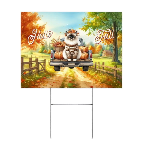 Hello Fall Autumn Ragdoll Pumpkins Pickup Truck Yard Sign Cat Lover Kitten Owner Gifts Idea Outdoor Home Lawn Garden Porch Decor - 13011
