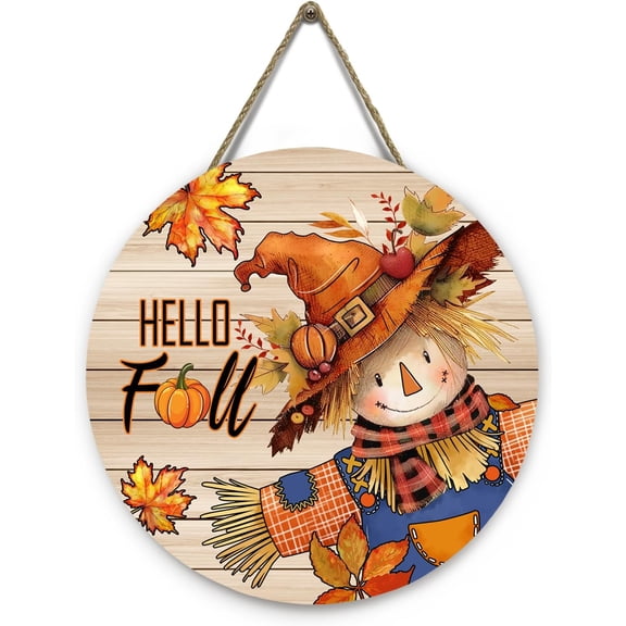 Hello Fall Autumn Scarecrow Door Sign for Porch Pumpkins Maple Leaf Metal Hangers Farmhouse Door Sign for Front Door Decor Seasonal Home Decorations Autumn Wall Hanger Sign