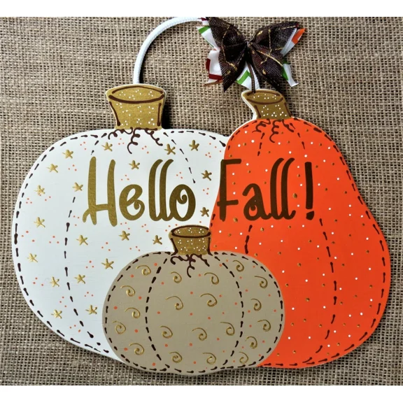 Hello Fall Autumn Thanksgiving Sign Wall Art Door Hanger Plaque Wood Pumpkins
