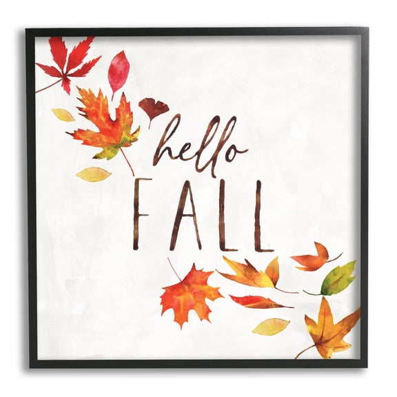 Hello Fall Autumn Tree Leaves Seasonal Statement Botanical & Floral Framed Art Print Wall Art, 17x17