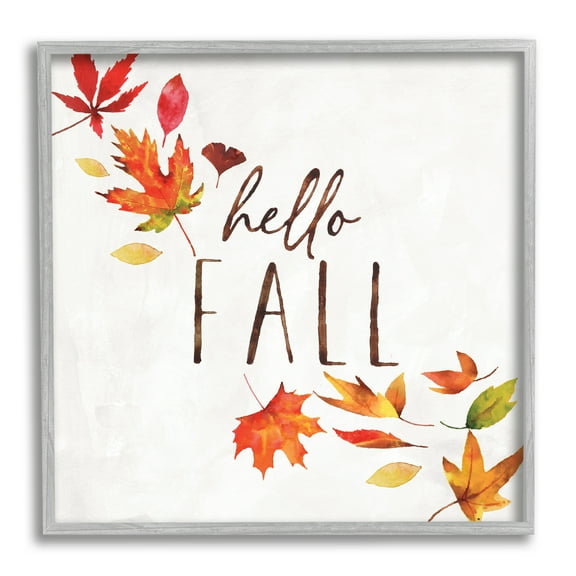 Hello Fall Autumn Tree Leaves Seasonal Statement Botanical & Floral Framed Art Print Wall Art, 17x17