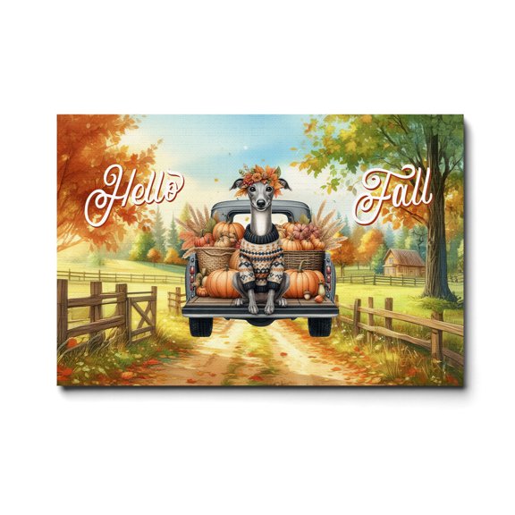 Hello Fall Autumn Wreath Italian Greyhound Pumpkins Pickup Truck Horizontal Matte Canvas Poster Greyhound Dog Lover Wall Art Home Decor - 13011