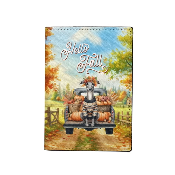 Hello Fall Autumn Wreath Italian Greyhound Pumpkins Pickup Truck Travel Passport Wallet Greyhound Dog Lover PU Leather Passport Holder Cover - 13011