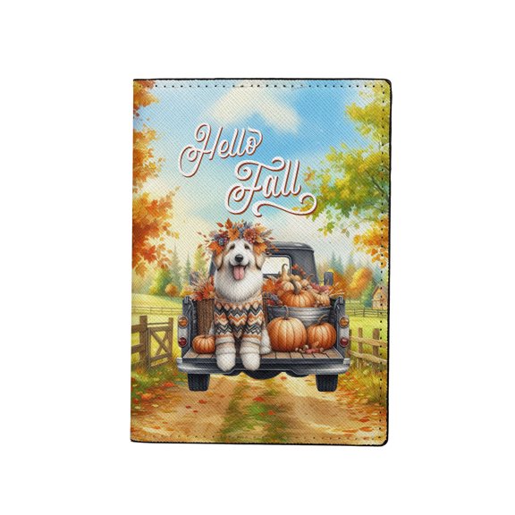 Hello Fall Autumn Wreath Old English Sheepdog Pumpkins Pickup Truck Travel Passport Wallet Dog Lover PU Leather Passport Holder Cover - 13011