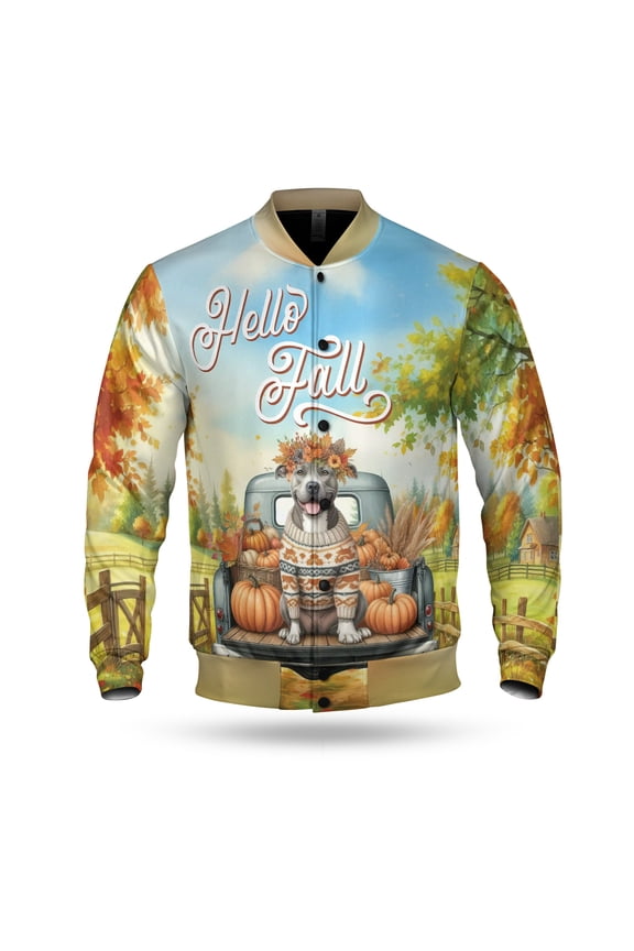 Hello Fall Autumn Wreath Pitbull Pumpkins Pickup Truck All Over Print 3D Baseball Jacket Terrier Dog Lover Bomber Jacket Softball - 13011