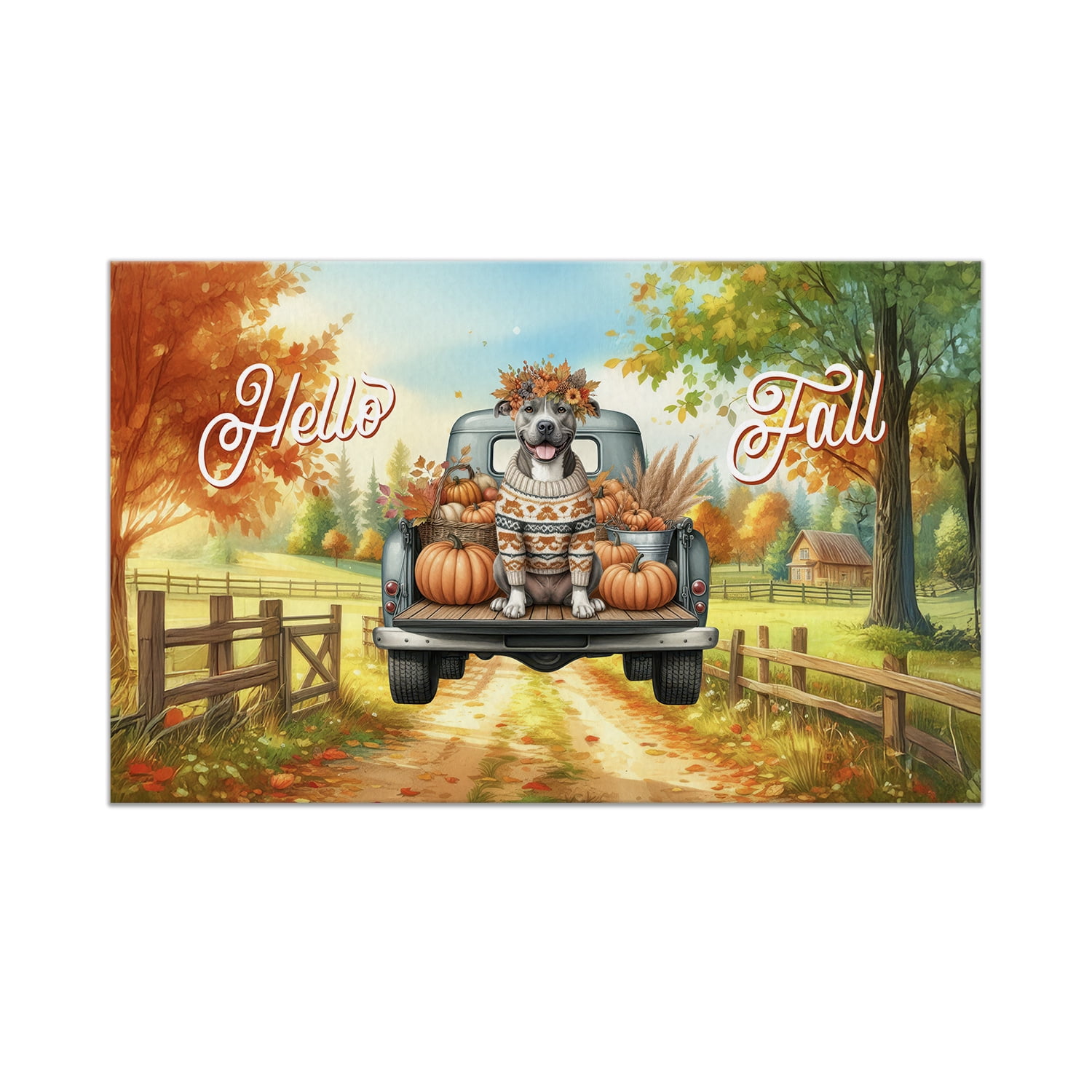 Hello Fall Autumn Wreath Pitbull Pumpkins Pickup Truck Doormat Terrier ...