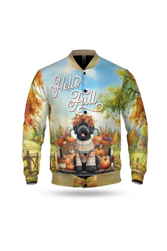 Hello Fall Autumn Wreath Portuguese Water Dog Pumpkins Pickup Truck All Over Print 3D Baseball Jacket PWD Portie Fishing Dog Lover Bomber Jacket Softball - 13011