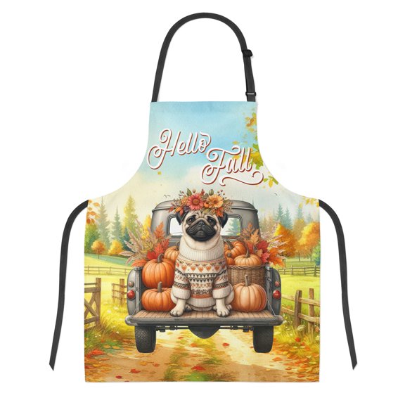 Hello Fall Autumn Wreath Pug Pumpkins Pickup Truck Apron Dog Lover Gifts for Cooking Grilling Baking Painting Gardening - 13011