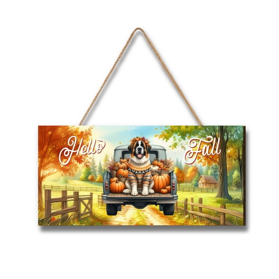 Hello Fall Autumn Wreath Saint Bernard Pumpkins Pickup Truck Landscape Wood Sign St Dog Lover Hanging Wall Home Decor - 13011