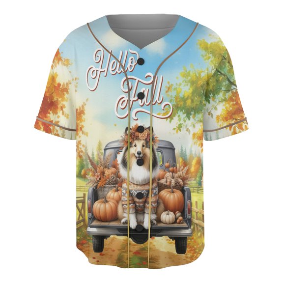 Hello Fall Autumn Wreath Shetland Sheepdog Pumpkins Pickup Truck All Over Print 3D Baseball Shirt Sheltie Dog Lover Gifts Softball Sport - 13011