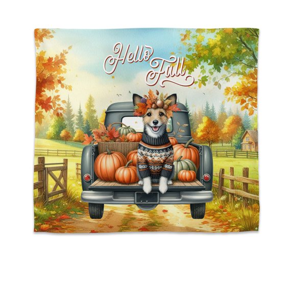 Hello Fall Autumn Wreath Toy Fox Terrier Pumpkins Pickup Truck Tapestry Dog Lover Wall Hanging Backdrop Home Decor - 13011