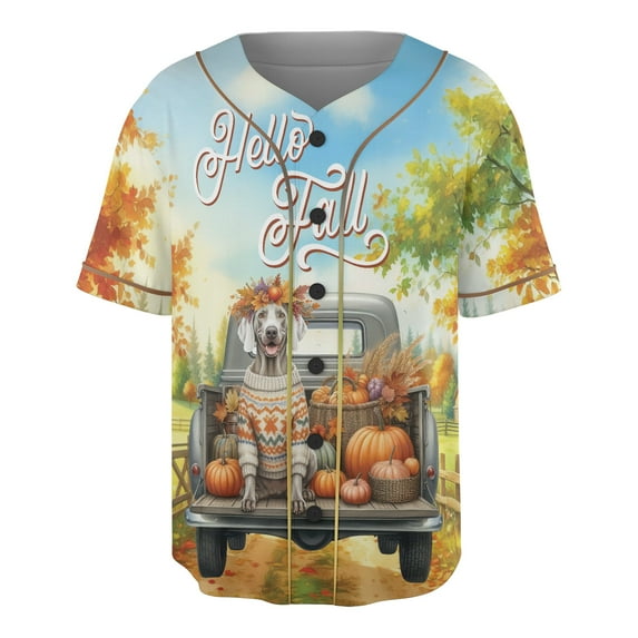 Hello Fall Autumn Wreath Weimaraner Pumpkins Pickup Truck All Over Print 3D Baseball Shirt Weim Gray Ghost Dog Lover Softball Sport - 13011