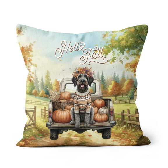 Hello Fall Autumn Wreath Wirehaired Pointing Griffon Pumpkins Pickup Truck Pillow Cushion Double Sided Dog Lover Throw Pillow - 13011