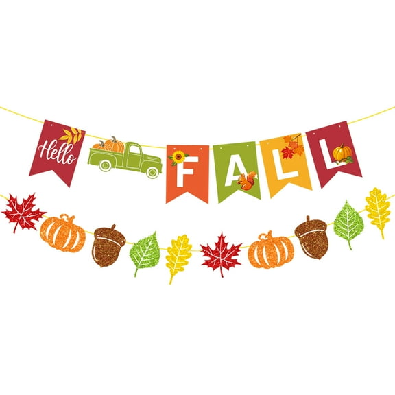 Hello Fall Banner and Glittery Maple Leaves Pumpkin Acorns Patterns Banner Autumn Harvest Bunting Banner with Pumpkin Truck Signs Fall Thanksgiving Party Banner for Wall Mantel Fireplace Party Hanging
