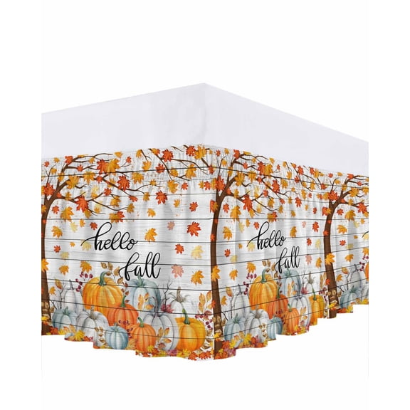 Hello Fall Bed Skirt Queen Size 16 Inch Drop, Thanksgiving Orange White Pumpkin Leaf Wood Wrap Around Dust Ruffle Bedskirts, Wrinkle & Fade Resistant Easy Fit Bedskirt with Adjustable Elastic