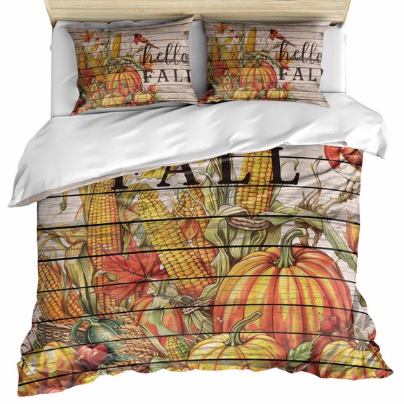 Hello Fall Bedding 3 Piece Duvet Cover Set Queen Size, Orange Pumpkins Birds Vintage Thanksgiving Soft Microfiber Comforter Cover with Zipper Closure & Pillowcases, FadeResistant Quilt Cover