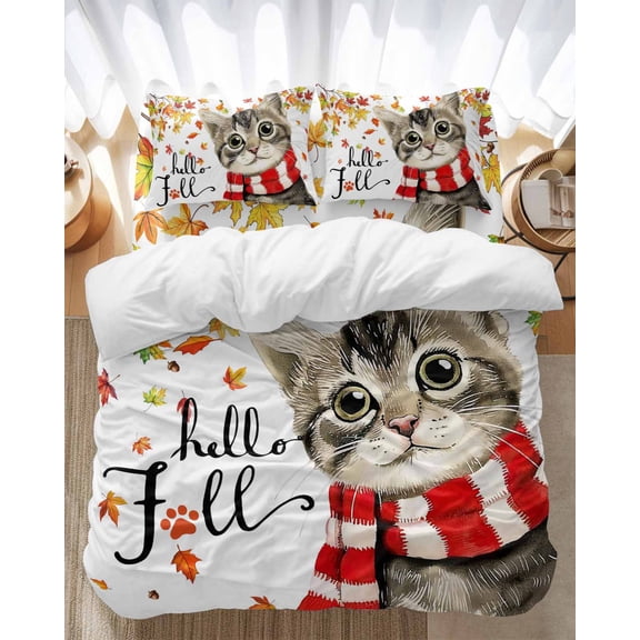 Hello Fall Bedding Duvet Cover Set Queen Size 4 Pieces Funny Cute Cat Thanksgiving Maple Leaf Farmhouse Bedding Set with Zipper Closure, 1 Comforter Cover 90x92 Inches 1 Flat Sheet & 2 Pillow Cases