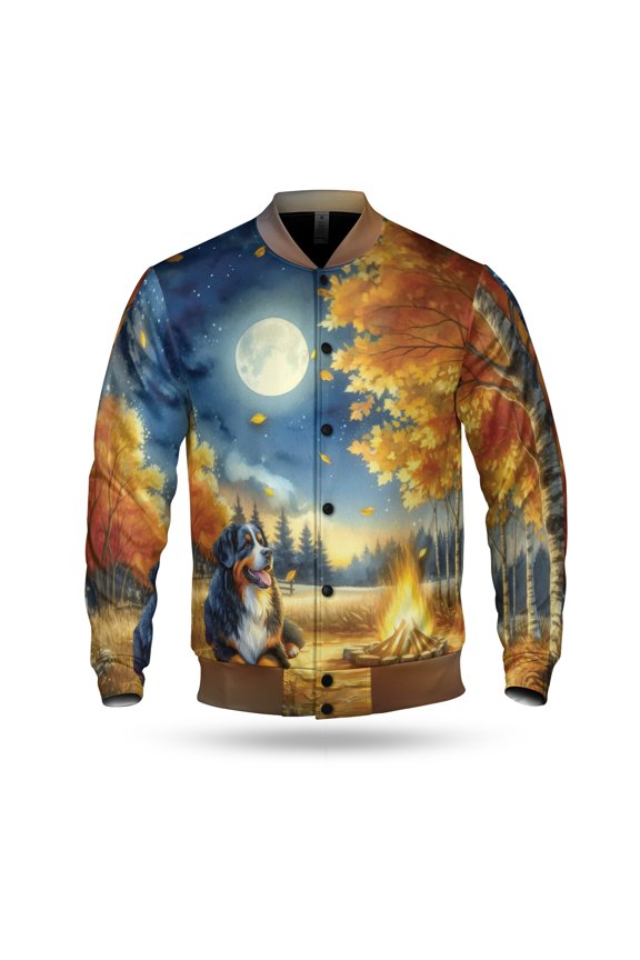 Hello Fall Bernese Mountain Dog Enjoys Warm Campfire Autumn Night Bright Moon All Over Print 3D Baseball Jacket Berner Lover Gifts Bomber Jacket Softball - 01008