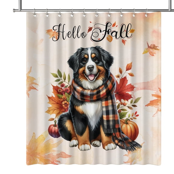 Hello Fall Bernese Mountain Dog Scarf Welcome Autumn with Leaves Pumpkins Shower Curtain Berner Lover Gifts Waterproof Bathroom Bathtub Curtain - 00011