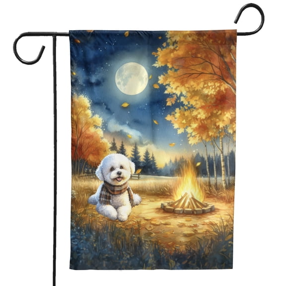 Hello Fall Bichon Frise Enjoys Warm Campfire Autumn Night Bright Moon Garden Flag 12x18in Double Sided Bichons Dog Lovers Gifts Idea Outdoor Decor - 01008