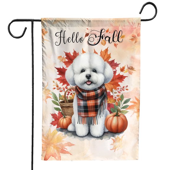 Hello Fall Bichon Frise Scarf Welcome Autumn with Leaves Pumpkins Garden Flag 12x18in Double Sided Bichons Dog Lovers Gifts Idea Outdoor Decor - 00011