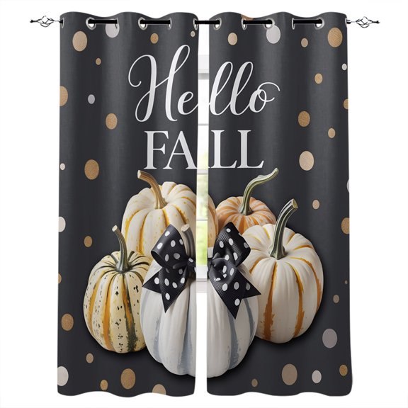 Hello Fall Blackout Curtains for Bedroom Living Room, Thanksgiving Day Pumpkin Polka Dots Bow 63 In Long Thermal Insulated Room Darkening Drapes Grommet Window Treatments, 52 x 63 In
