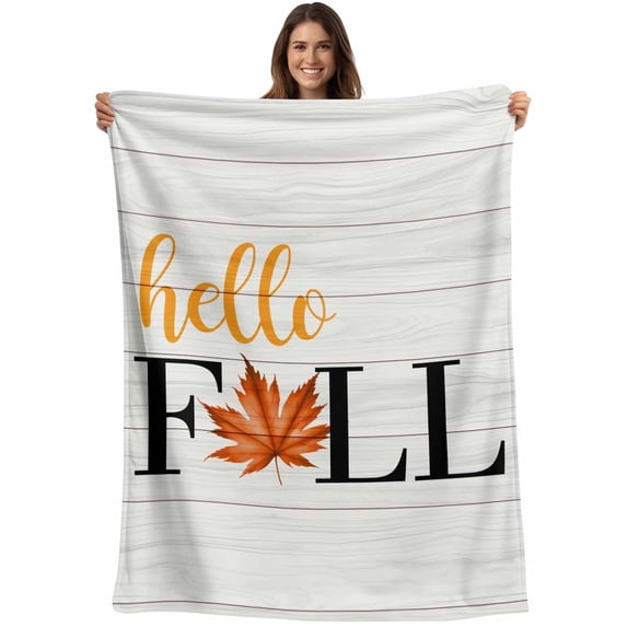 Hello Fall Blanket Soft Cozy Warm Throw Blanket for Couch, Plush Fuzzy Flannel Fleece Blankets for Sofa, Thanksgiving Vintage Maple Leaf Autumn Wooden Bed Blankets Lightweight Gifts for Men, 50"x80"