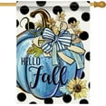 Hello Fall Blue Pumpkin Decorative House Flag, Autumn Sunflower Polka