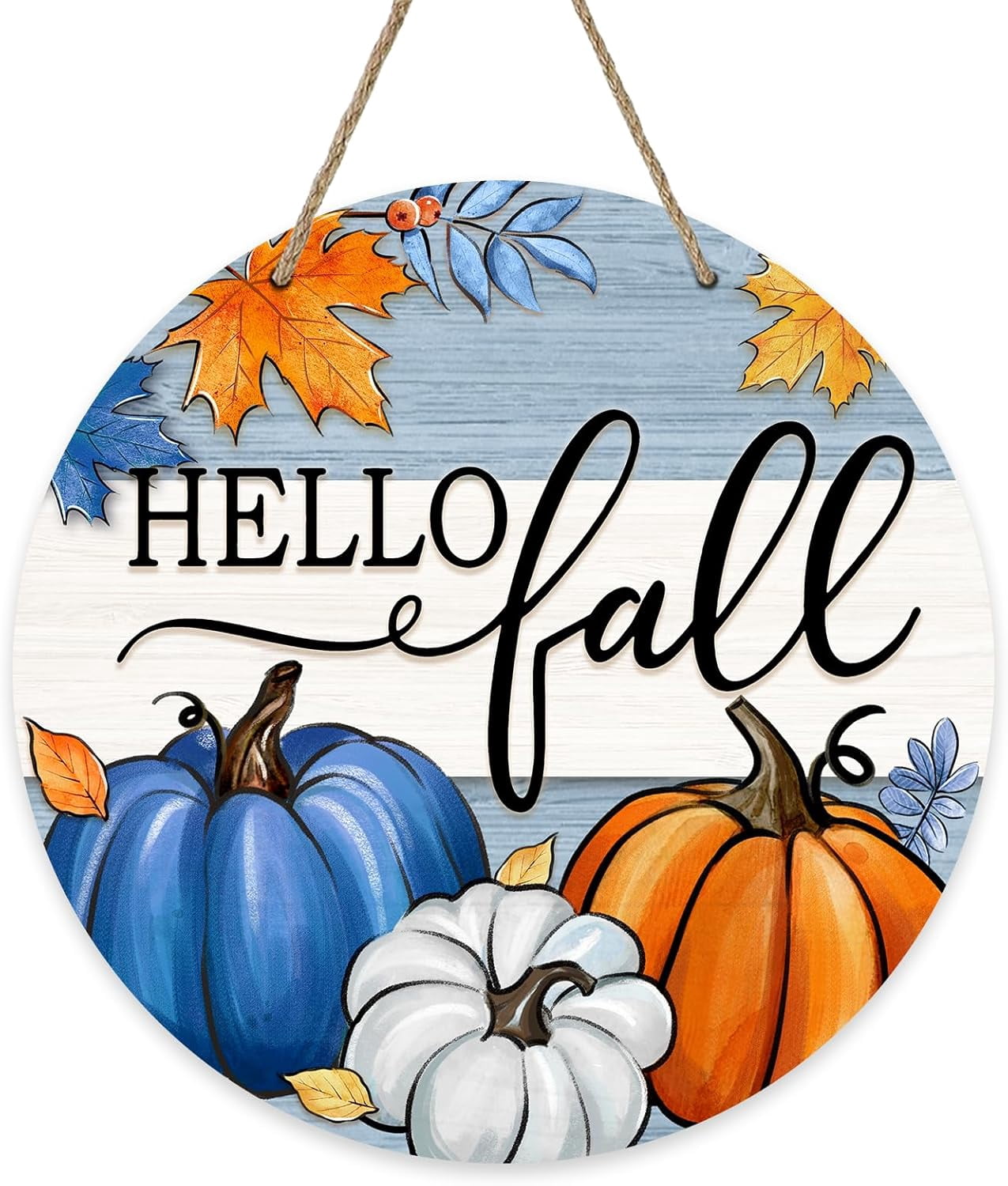 Hello Fall Blue White Pumpkin Front Door Sign, Autumn Maple Leaves ...
