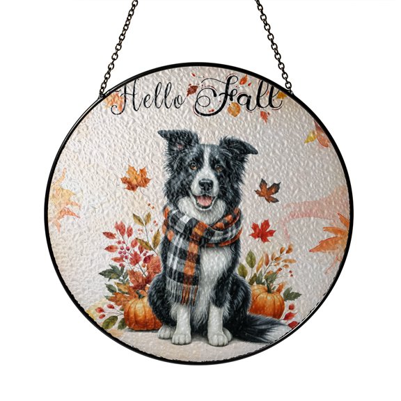 Hello Fall Border Collie Scarf Welcome Autumn with Leaves Pumpkins Stained Glass Suncatcher Borders Dog Lovers Gifts Idea Window Hanging Sign Decor - 00011