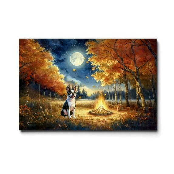 Hello Fall Boston Terrier Enjoys Warm Campfire Autumn Night Bright Moon Horizontal Matte Canvas Poster Gentleman Dog Lover Gifts Wall Art Home Decor - 01008
