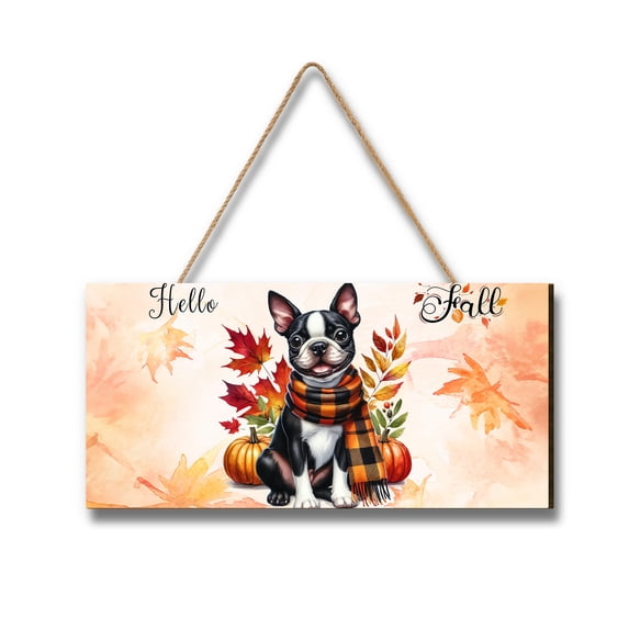 Hello Fall Boston Terrier Scarf Welcome Autumn with Leaves Pumpkins Landscape Wood Sign Gentleman Dog Lover Gifts Hanging Wall Home Decor - 00011