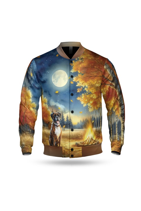 Hello Fall Boxer Enjoys Warm Campfire Autumn Night Bright Moon All Over Print 3D Baseball Jacket Boxers Dog Lover Gifts Idea Bomber Jacket Softball - 01008
