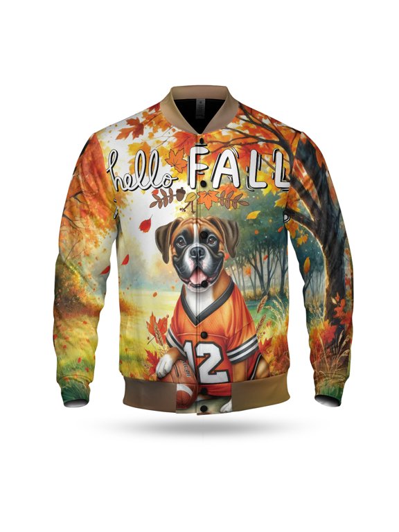 Hello Fall Boxer Football Welcome Autumn with Leaves Pumpkins All Over Print 3D Baseball Jacket Boxers Dog Lover Gifts Idea Bomber Jacket Softball - 00012