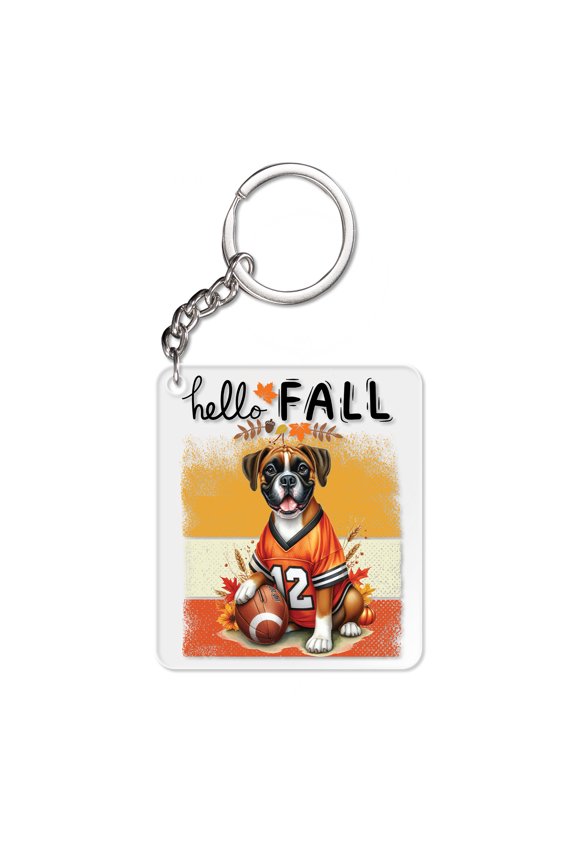 Hello Fall Boxer Football Welcome Autumn with Leaves Pumpkins Acrylic Keychain Boxers Dog Lover Gifts Idea Collar Charm Tag Keyring - 00012