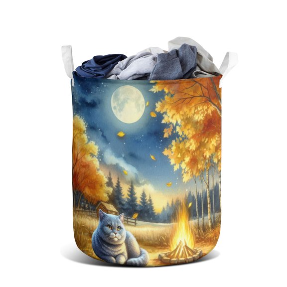 Hello Fall British Shorthair Enjoys Warm Campfire Autumn Night Bright Moon Foldable Laundry Basket Cat Lover Kitten Owner Gifts Organizer Storage with Handles - 01008