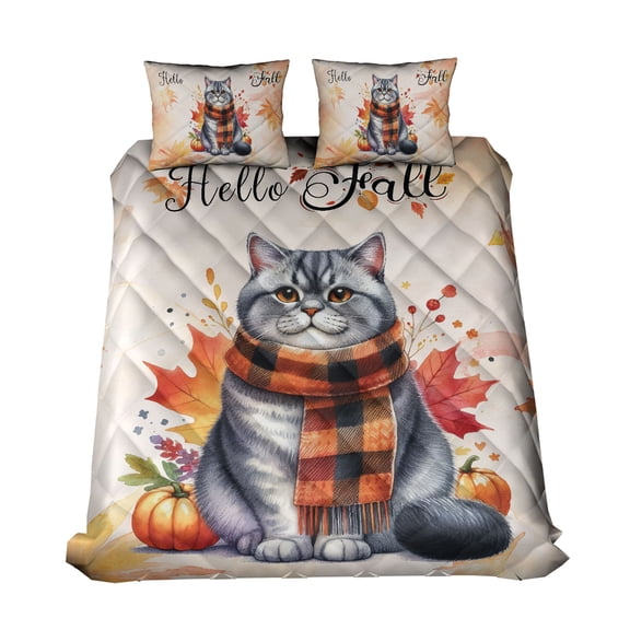 Hello Fall British Shorthair Scarf Welcome Autumn with Leaves Pumpkins Quilt Bedding Set Cat Lover Kitten Owner Gifts 1 Blanket Bed Cover 2 Pillowcases - 00011
