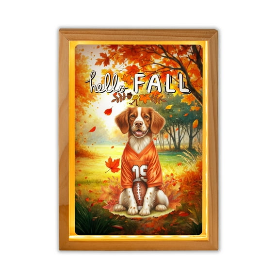 Hello Fall Brittany Spaniel Football Welcome Autumn with Leaves Pumpkins Acrylic Plaque with Wood Photo Frame Box Brittany Dog Lover Gifts Idea Light Box - 00012