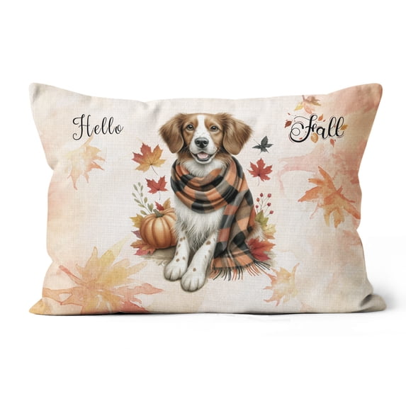 Hello Fall Brittany Spaniel Scarf Welcome Autumn with Leaves Pumpkins Pillow Cushion Double Sided Brittany Dog Lover Gifts Idea Throw Pillow - 00011