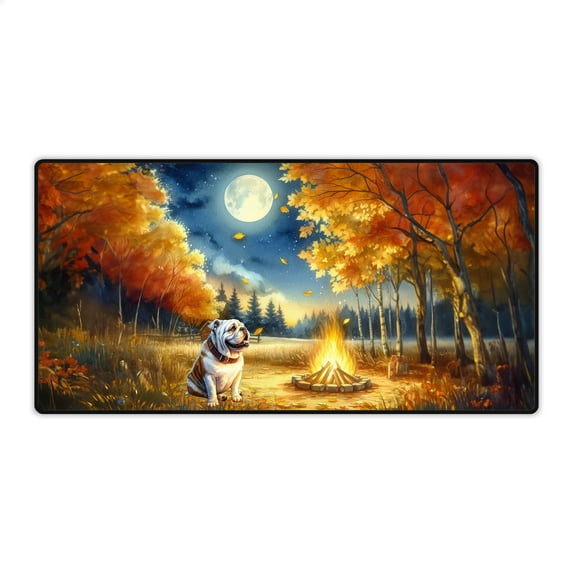 Hello Fall Bulldog Enjoys Warm Campfire Autumn Night Bright Moon Desk Mat Full Keyboard Mouse Pad Dog Lover Gifts Idea Large Mousepad - 01008