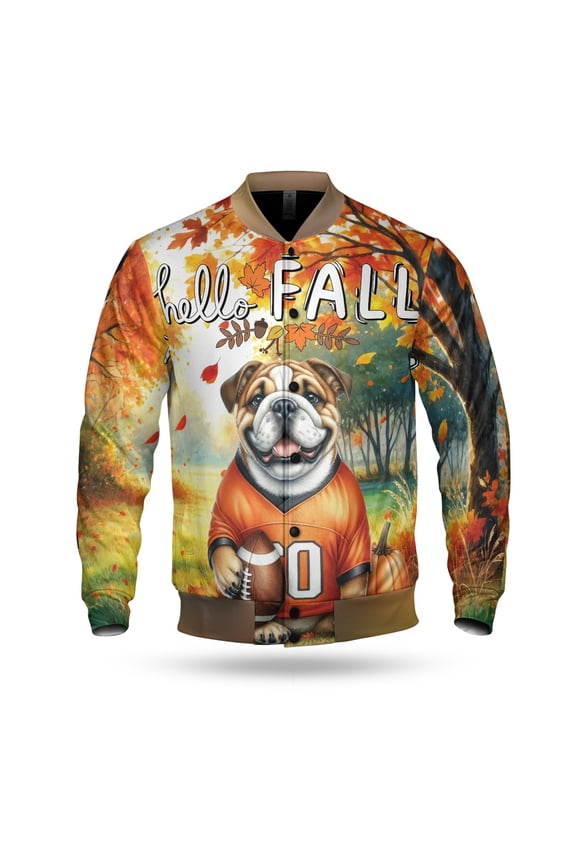 Hello Fall Bulldog Football Welcome Autumn with Leaves Pumpkins All Over Print 3D Baseball Jacket Dog Lover Gifts Idea Bomber Jacket Softball - 00012