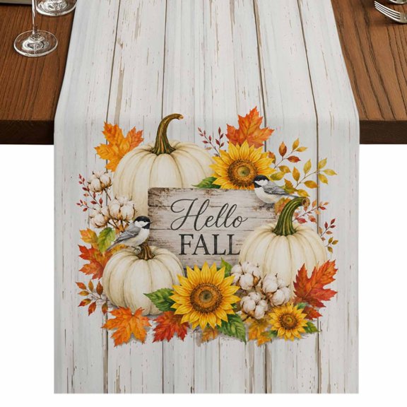Hello Fall Burlap Cotton Table Runner 13x60 Inches Long, Thanksgiving White Pumpkins Maple Leaves Wood Farmhouse Table Runners, Outdoor Dining Tablecloths Decor for Baby Shower/Party/Wedding