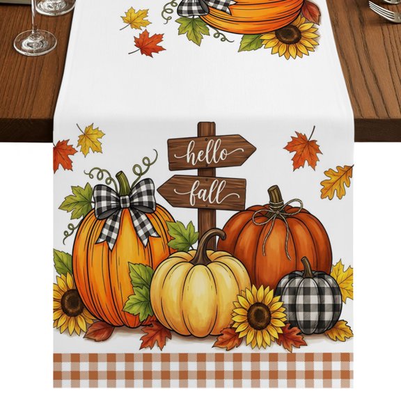 Hello Fall Burlap Cotton Table Runner 16x72 Inches Long, Orange Pumpkins Sunflower Thanksgiving Plaid Farmhouse Table Runners, Outdoor Dining Tablecloths Decor for Baby Shower/Party/Wedding