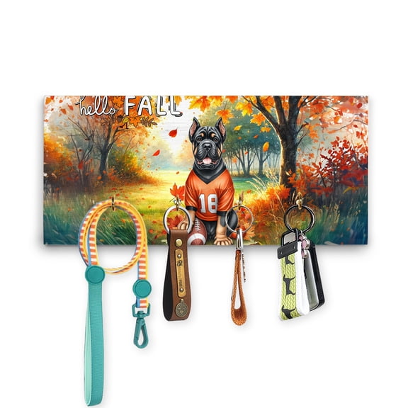 Hello Fall Cane Corso Football Welcome Autumn with Leaves Pumpkins Wood Key Holder Italian Mastiff Dog Lover Gifts Idea Wall-mounted Key Rack Home Decor - 00012